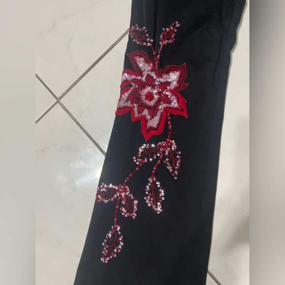 Cache Black red bead sequin embroidered pants boot cut flare leg stretch vintage - Picture 5 of 9